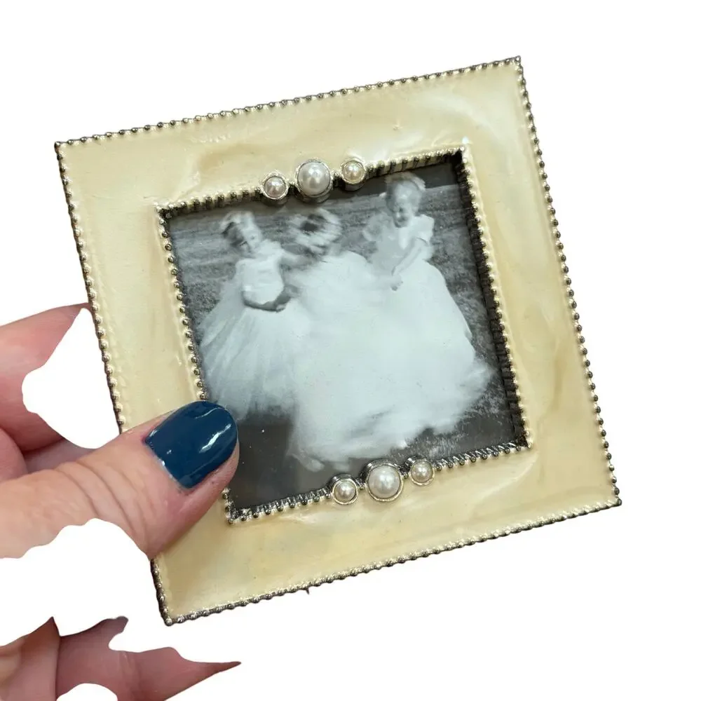 Trio of small photo frames (3) matching set cream enamel standing desktop style
